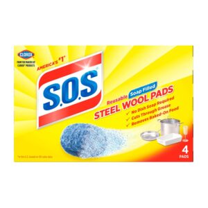 S.O.S Steel Wool Pads, Soap Filled, Reusable, 4 pads