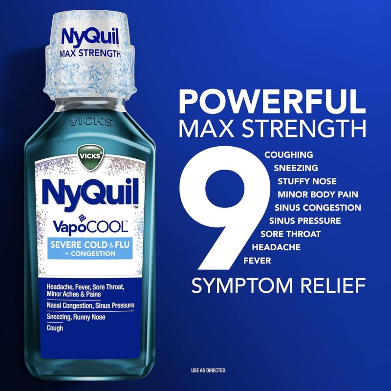 Vicks NyQuil Severe with VapoCOOL Nighttime Cough, Cold and Flu Relief Liquid, Berry, 12 Fl Oz - Image 3