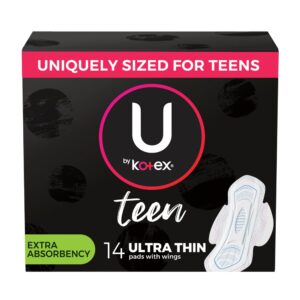 U by Kotex Teen Ultra Thin Feminine Pads with Wings, Extra Absorbency, Unscented, 14 Count